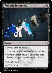 Size: 375x523 | Tagged: safe, artist:2snacks, derpibooru import, edit, princess celestia, princess luna, alicorn, aperture science, ccg, glados, magic the gathering, portal (valve), portal 2, trading card, trading card edit, trading card game, two best sisters play