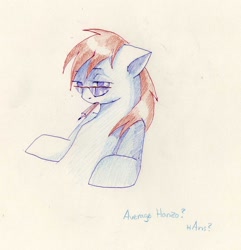 Size: 770x800 | Tagged: safe, artist:wolfiedrawie, derpibooru import, oc, oc only, pony, glasses, mouth hold, pencil, simple background, solo, white background