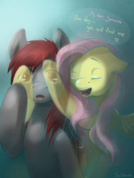 Size: 600x800 | Tagged: safe, artist:wolfiedrawie, derpibooru import, fluttershy, oc, pegasus, pony, clothes, dialogue, duo, female, mare, see-through, speech bubble