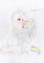 Size: 1654x2338 | Tagged: safe, artist:wolfiedrawie, derpibooru import, rainbow dash, oc, oc:prism rain, pegasus, pony, g4, duo, female, filly, filly rainbow dash, foal, hug, mare, parent and child, song reference, traditional art, winghug, wings, wip, younger