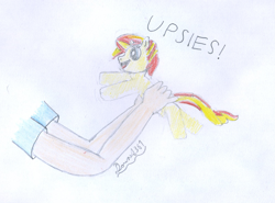 Size: 1615x1197 | Tagged: safe, artist:dounet361, derpibooru import, sunset shimmer, human, pony, equestria girls, g4, cute, disembodied arm, disembodied hand, female, filly, filly sunset shimmer, foal, hand, holding a pony, newbie artist training grounds, pencil drawing, reference used, shimmerbetes, signature, smiling, sunset shimmer day, traditional art, upsies, younger