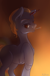 Size: 800x1200 | Tagged: safe, alternate version, artist:wolfiedrawie, derpibooru import, oc, oc only, pony, unicorn, blood, cigarette, horn, male, red eyes, smoking, solo, stallion, unshorn fetlocks