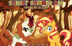 Size: 2064x1321 | Tagged: safe, artist:jhayarr23, artist:not-yet-a-brony, derpibooru import, autumn blaze, sunset shimmer, kirin, unicorn, 2024, autumn, autumn blaze and autumn, duo, equestria daily, friends, friendship, horn, link in description, outdoors, september, sunset shimmer day