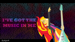 Size: 1920x1080 | Tagged: safe, artist:ahsokafan100, derpibooru import, sunset shimmer, human, equestria girls, g4, rainbow rocks, abstract background, arched back, cinematic bars, clothes, electric guitar, eyes closed, guitar, guitar pick, jacket, leather, leather jacket, looking up, lyrics, minimalist, musical instrument, rainbow rocks 10th anniversary, redraw, signature, skirt, smiling, solo, song reference, sunset shimmer day, sunset shredder, text, typography, wallpaper, welcome to the show