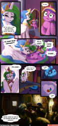 Size: 3541x7607 | Tagged: safe, artist:angusdra, artist:lummh, derpibooru import, princess cadance, princess celestia, alicorn, pony, unicorn, comic:the princess of love, g4, absurd resolution, bed, comic, crown, crying, female, horn, hug, ice, jewelry, mare, necklace, pendant, peytral, prismia, regalia, snow, speech bubble, teen princess cadance, thought bubble, toy, winghug, wings, younger