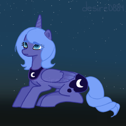 Size: 3000x3000 | Tagged: safe, artist:desire0884, derpibooru import, princess luna, alicorn, pony, g4, female, folded wings, horn, lying down, mare, peytral, prone, s1 luna, signature, solo, tail, wings