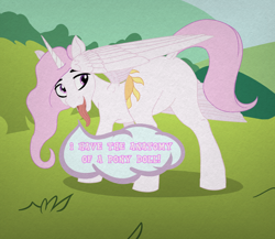 Size: 1242x1080 | Tagged: safe, artist:kujivunia, derpibooru import, edit, princess celestia, alicorn, pony, g4, butt, colored, dogma, english, female, flat colors, forest, grass, hill, long tongue, mare, movie reference, nature, nudity, outdoors, plot, pony pussy, princess molestia, raised tail, simple shading, sky, solo, solo female, speech bubble, spread wings, standing, tail, tail aside, text, tongue, tongue out, tree, vulva, wings