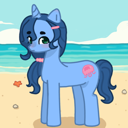 Size: 4000x4000 | Tagged: safe, artist:desire0884, derpibooru import, oc, oc only, oc:ocean jewel, pony, unicorn, beach, blushing, female, horn, looking at you, mare, ocean, outdoors, sand, solo, tail, unicorn oc, water