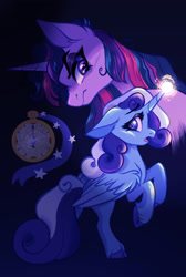 Size: 1738x2583 | Tagged: safe, artist:carouselunique, derpibooru import, minuette, twilight sparkle, alicorn, unicorn, g4, alicornified, cloven hooves, duo, duo female, female, gradient background, horn, mare, minuetticorn, pocket watch, race swap, side stars au