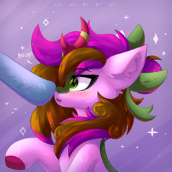 Size: 3400x3400 | Tagged: safe, artist:gaffy, derpibooru import, oc, oc:sharp stem, kirin, blushing, boop, ear fluff, ears, female, fluffy, kirin oc, purple background, simple background