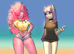 Size: 3176x2315 | Tagged: safe, artist:lizzard_sama, derpibooru import, maud pie, pinkie pie, anthro, beach, bracelet, clothes, curly hair, daisy dukes, denim, denim shorts, duo, duo female, ear piercing, earring, female, fishnet clothing, front knot midriff, hand on hip, hooped earrings, jewelry, lidded eyes, midriff, necklace, outdoors, peace sign, piercing, shirt, shorts, wet