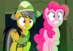 Size: 826x582 | Tagged: safe, derpibooru import, screencap, daring do, pinkie pie, earth pony, pegasus, pony, daring done?, g4, cropped, duo, duo female, female, somnambula (location)