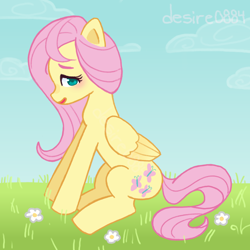 Size: 4000x4000 | Tagged: safe, artist:desire0884, derpibooru import, fluttershy, pegasus, pony, g4, blushing, cloud, flower, folded wings, grass, open mouth, open smile, outdoors, signature, sitting, smiling, solo, tail, wings