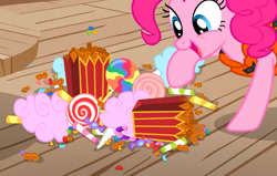 Size: 946x600 | Tagged: safe, derpibooru import, screencap, pinkie pie, g4, ppov, boat, candy, cropped, food, solo