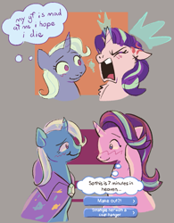 Size: 619x793 | Tagged: safe, artist:dinojay, derpibooru import, starlight glimmer, trixie, pony, unicorn, g4, blushing, comic, cute, duo, female, horn, lesbian, shipping, startrix, thought bubble