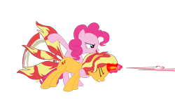 Size: 4977x2800 | Tagged: safe, artist:gmaplay, derpibooru import, pinkie pie, sunset shimmer, earth pony, pony, unicorn, a canterlot wedding, equestria girls, g4, blast, duo, horn, magic, magic aura, magic blast, sunset shimmer day