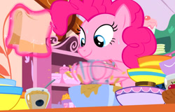 Size: 898x576 | Tagged: safe, derpibooru import, screencap, pinkie pie, earth pony, pony, g4, secrets and pies, batter, egg beater, food, indoors, kitchen, solo, sugarcube corner