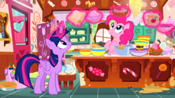 Size: 1012x568 | Tagged: safe, derpibooru import, pinkie pie, twilight sparkle, twilight sparkle (alicorn), alicorn, earth pony, pony, g4, season 7, secrets and pies, female, indoors, mare