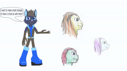 Size: 3840x2160 | Tagged: safe, derpibooru import, ocellus, pharynx, thorax, oc, anthro, changeling, snake, wolf, g4, 33, ask, blue, boots, brown, clothes, gloves, hair, long gloves, q33, question, question 33, shapeshifter, shapeshifting, shoes, sonic oc, sonic the hedgehog (series)