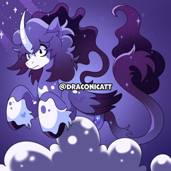 Size: 2590x2590 | Tagged: safe, artist:draconicatt, derpibooru import, oc, oc only, oc:cosmic sparkle, alicorn, alicorn oc, artfight, cloud, curved horn, folded wings, horn, looking at you, signature, solo, sparkles, tail, unshorn fetlocks, wings