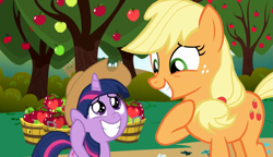 Size: 1165x672 | Tagged: safe, derpibooru import, edit, edited screencap, screencap, applejack, twilight sparkle, unicorn twilight, earth pony, pony, unicorn, g4, season 4, season 9, somepony to watch over me, sparkle's seven, apple, apple tree, applejack's hat, basket, bush, clothes, cowboy hat, cropped, cute, day, duo, female, filly, filly twilight sparkle, flower, foal, food, grass, happy, hat, hatless, hoof on chest, horn, i can't believe it's not hasbro studios, looking down, looking up, mare, missing accessory, motherly, outdoors, path, proud, raised hoof, raised leg, smol, time paradox, tree, twiabetes, wait what, wide smile, younger