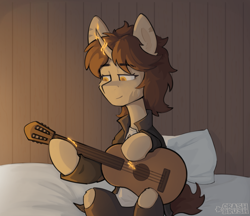 Size: 3064x2652 | Tagged: safe, artist:crashbrush, derpibooru import, oc, oc only, pony, unicorn, bed, clothes, commission, female, golden eyes, guitar, high res, horn, looking at something, magic, mare, musical instrument, on bed, pillow, sad smile, scar, sitting, sitting on bed, solo, telekinesis