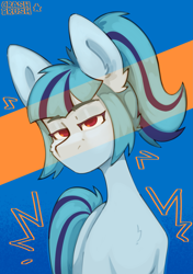 Size: 2091x2962 | Tagged: safe, artist:crashbrush, derpibooru import, sonata dusk, earth pony, pony, g4, blue fur, bust, ear fluff, ears, female, looking at you, mare, ponified, ponytail, rainbow rocks 10th anniversary, simple background, solo, species swap, two toned mane