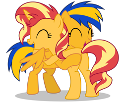 Size: 5944x4890 | Tagged: safe, artist:creedyboy124, derpibooru import, sunset shimmer, oc, oc:flare spark, pegasus, pony, unicorn, g4, canon x oc, eyes closed, female, horn, hug, lesbian, mare, pegasus oc, ship:flareset, shipping, simple background, transparent background