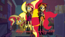 Size: 2048x1152 | Tagged: safe, artist:gaelgaming1, derpibooru import, sunset shimmer, human, pony, unicorn, equestria girls, g4, 3d, boots, clothes, female, high heel boots, horn, indoors, jacket, shirt, shoes, skirt, solo, source filmmaker, sunset shimmer day