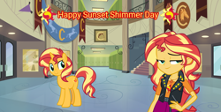 Size: 1518x772 | Tagged: safe, artist:lizzmcclin, derpibooru import, sunset shimmer, human, pony, unicorn, equestria girls, g4, canterlot high, female, horn, solo, sunset shimmer day