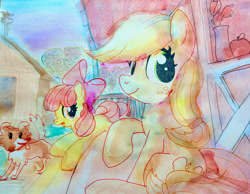 Size: 3300x2565 | Tagged: safe, artist:mandumustbasukanemen, derpibooru import, apple bloom, applejack, winona, dog, earth pony, pony, g4, duo, female, filly, foal, mare, sweet apple acres, traditional art, watercolor painting