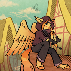 Size: 2000x2000 | Tagged: safe, artist:yeejay, derpibooru import, oc, oc:gill, hippogriff, assassin, bag, clothes, looking at you, maplestory, money bag, outdoors, stealing