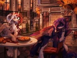 Size: 2560x1920 | Tagged: safe, artist:sweettsa1t, derpibooru import, oc, oc only, alicorn, pegasus, pony, autumn, chest fluff, commission, duo, duo female, ear piercing, earring, falling leaves, feathered fetlocks, female, high res, jewelry, leaves, lidded eyes, mare, outdoors, pale belly, piercing, pumpkin, pumpkin pie, sitting, smiling