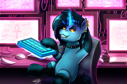 Size: 1095x730 | Tagged: safe, artist:littletigressda, derpibooru import, oc, oc:tansha, mouse, pony, unicorn, art contest, clothes, collar, computer, cyberpunk, ear piercing, egyptian, female, hacker, horn, indoors, keyboard, lip piercing, mare, monitor, piercing, pink background, science fiction, setting: neo somnambula, simple background, solo, stockings, thigh highs