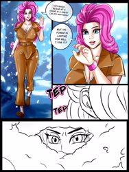 Size: 3000x4000 | Tagged: safe, artist:iloveladies2, artist:riiefu, derpibooru import, pinkie pie, human, fanfic:equestria girls n' goblins, bracelet, clothes, comic, human coloration, humanized, jerky turkey, jewelry, jumpsuit, shoes, wip