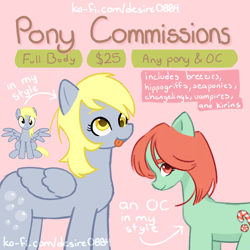 Size: 4000x4000 | Tagged: safe, artist:desire0884, derpibooru import, derpy hooves, oc, earth pony, pegasus, pony, g4, advertisement, advertisement in description, advertising, any gender, any species, commission, commission info, commission info in description, commission open, female, folded wings, food, full body, golden eyes, gray coat, green coat, looking at you, mare, muffin, pink background, red hair, simple background, smiling, tongue, tongue out, wings, yellow hair