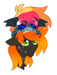 Size: 3393x4425 | Tagged: safe, artist:crazylooncrest, artist:crazysketch101, derpibooru import, oc, oc only, oc:ashton burnside, oc:crazy looncrest, pegasus, pony, biting, bust, duo, freckles, heart, heart eyes, scar, sharp teeth, simple background, sweat, teeth, transparent background, wingding eyes