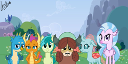 Size: 1600x800 | Tagged: safe, artist:lnx1ynight16, derpibooru import, gallus, ocellus, sandbar, silverstream, smolder, yona, changedling, changeling, dragon, earth pony, griffon, hippogriff, pony, yak, g4, outdoors, screencap background, smiling, student six