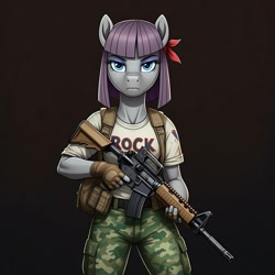 Size: 1024x1024 | Tagged: safe, ai content, derpibooru import, machine learning generated, maud pie, anthro, earth pony, g4, assault rifle, bandana, clothes, cosplay, costume, fatigues, female, fingerless gloves, g.i. joe, generator:google imagen 3.0, gloves, gradient background, gun, outback, prompter:zerowinger, rifle, shirt, soldier, solo, t-shirt, weapon