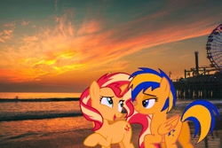 Size: 900x600 | Tagged: safe, artist:mlpfan3991, artist:stephen-fisher, derpibooru import, sunset shimmer, oc, oc:flare spark, pegasus, pony, unicorn, g4, beach, canon x oc, duo, duo female, female, horn, irl, lesbian, outdoors, photo, pier, real life background, santa monica, ship:flareset, sunset, sunset shimmer day