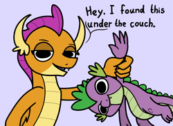 Size: 2048x1488 | Tagged: safe, artist:ewoudcponies, derpibooru import, smolder, spike, dragon, g4, dialogue, dragoness, duo, duo male and female, female, holding a dragon, holding a spike, lidded eyes, male, no iris, purple background, simple background, talking to viewer, wingless spike