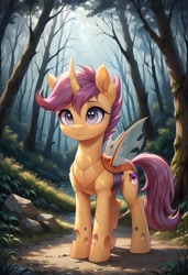 Size: 800x1169 | Tagged: safe, ai content, derpibooru import, generator:pony diffusion v6 xl, generator:stable diffusion, machine learning generated, scootaloo, changedling, changeling, g4, changedlingified, cutie mark on changeling, female, forest, mare, nature, outdoors, prompter:gregorymars, scootaling, solo, species swap, tree