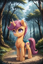 Size: 800x1169 | Tagged: safe, ai content, derpibooru import, generator:pony diffusion v6 xl, generator:stable diffusion, machine learning generated, scootaloo, changedling, changeling, g4, changedlingified, cutie mark on changeling, female, forest, mare, nature, outdoors, prompter:gregorymars, scootaling, solo, species swap, tree