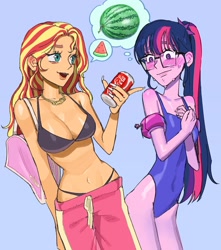 Size: 1690x1912 | Tagged: safe, artist:ridovax, derpibooru import, sci-twi, sunset shimmer, twilight sparkle, equestria girls, g4, bags under eyes, bare shoulders, bikini, breast envy, breasts, clothes, coke, duo, female, lesbian, one-piece swimsuit, sci-twishimmer, shipping, sleeveless, soda, sunset jiggler, sunsetsparkle, swimsuit, watermelon