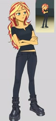 Size: 1458x3141 | Tagged: safe, artist:ridovax, derpibooru import, sunset shimmer, human, better together, equestria girls, g4, bags under eyes, boots, director shimmer, female, screencap reference, shoes, solo, unamused