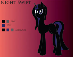 Size: 4250x3300 | Tagged: safe, artist:billy2345, derpibooru import, oc, oc only, oc:nightswift, unicorn, bio, female, glare, gradient background, horn, looking at you, mare, reference sheet, solo, story included, unicorn oc