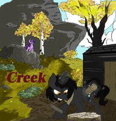 Size: 3442x3600 | Tagged: safe, artist:ponny, derpibooru import, twilight sparkle, oc, oc:carbon creek, pony, unicorn, g4, axe, colored, cover art, door, horn, hut, looking down, magic, outdoors, rock, telekinesis, text, tree, weapon