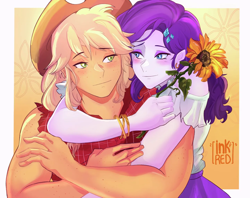 Size: 1440x1141 | Tagged: safe, artist:inkrred, derpibooru import, applejack, rarity, human, equestria girls, g4, duo, duo female, female, flower, hug, hug from behind, lesbian, looking at each other, looking at someone, neck hug, passepartout, rarijack, shipping, sleeveless, smiling, smiling at each other, sunflower