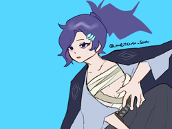 Size: 4096x3072 | Tagged: safe, artist:metaruscarlet, derpibooru import, rarity, human, g4, alternate hairstyle, alternate universe, blue background, clothes, facial scar, hairpin, humanized, katana, kimono (clothing), open mouth, samurai rarity au, sarashi, scar, simple background, solo, sword, weapon