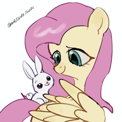 Size: 4096x4096 | Tagged: safe, artist:metaruscarlet, derpibooru import, angel bunny, fluttershy, pegasus, pony, rabbit, g4, animal, looking at each other, looking at someone, simple background, white background, wings